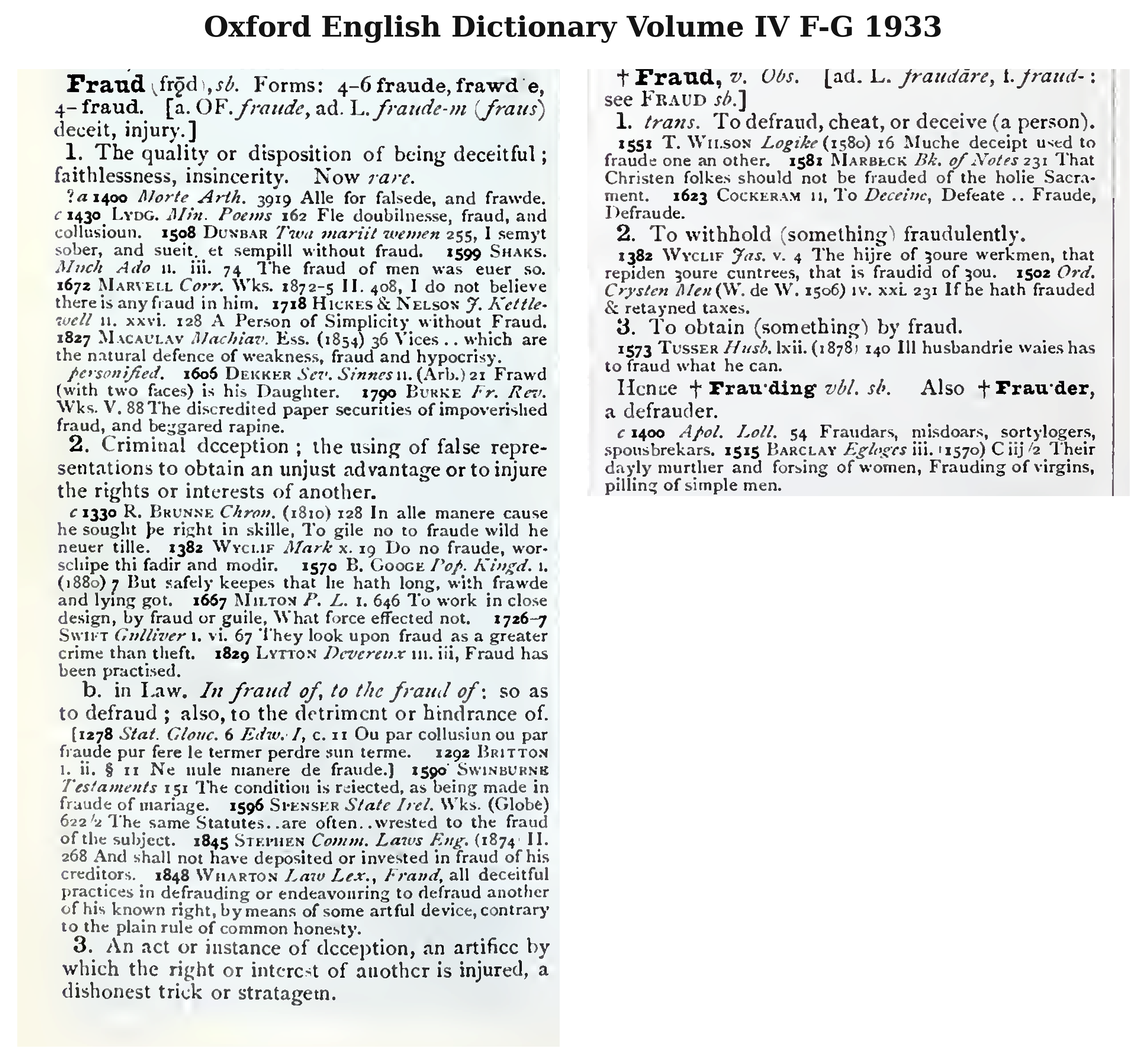 Oxford English Dictionary Volume IV F-G 1933 entries for fraud as noun and verb